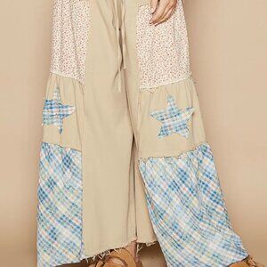 POL Drawstring Star Patch Contrast Wide Leg Pants
